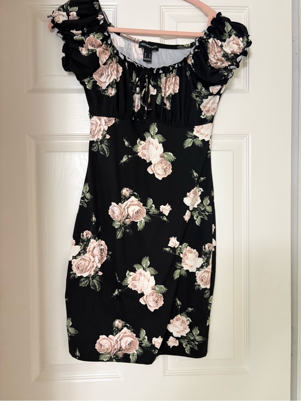 Forever 21 Black Floral Off-Shoulder Dress with Pink Rose Print